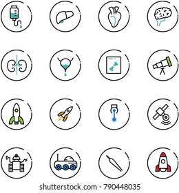 line vector icon set - drop counter vector, liver, heart, brain, kidneys, bladder, x ray, telescope, rocket, laser, satellite, robot, moon rover, forceps