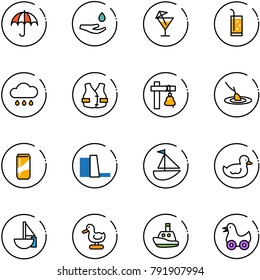 line vector icon set - drop hand, drink, rain cloud, life vest, ship bell, fishing, water power plant, sailboat toy, duck, boat