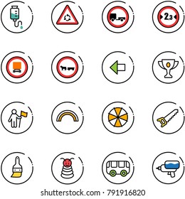 line vector icon set - drop counter vector, round motion road sign, no trailer, limited width, dangerous cargo, cart horse, left arrow, gold cup, win, rainbow, parasol, saw, brush, pyramid toy, bus
