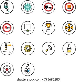 line vector icon set - drop counter vector, lemon slice, no trailer road sign, dangerous cargo, truck overtake, network folder, win cup, parasol, lighthouse, nut, paint roller, brush, soccer ball