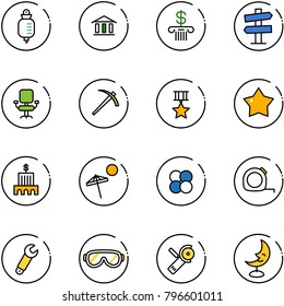 line vector icon set - drop counter vector, bank, road signpost sign, office chair, job, star medal, building, beach, atom core, measuring tape, wrench, protective glasses, Angular grinder