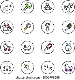 line vector icon set - duck toy vector, beanbag, car, dinosaur, shovel bucket, wheel horse, baby, rabbit, carousel, unicorn stick