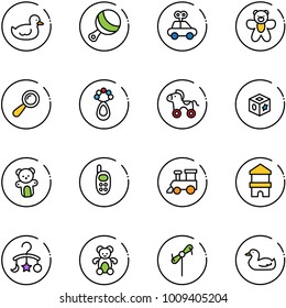 line vector icon set - duck toy vector, beanbag, car, bear, wheel horse, cube, phone, train, block house, baby carousel, windmill