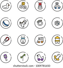 line vector icon set - duck toy vector, abc cube, pyramid, car, ball, dinosaur, beanbag, rabbit, train, block house, windmill, soother