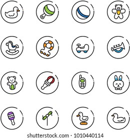 line vector icon set - duck toy vector, beanbag, ball, bear, rocking horse, teethers, baby car, horn, phone, rabbit, windmill