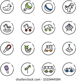 line vector icon set - duck toy vector, beanbag, ball, dinosaur, rocking horse, wheel, elephant, ufo, caterpillar, train, wirligig, windmill, bus, car