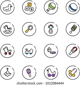 line vector icon set - duck toy vector, abc cube, beanbag, ball, rocking horse, wheel, baby car, constructor blocks, wirligig, soother