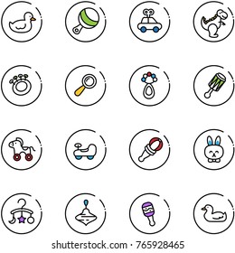 line vector icon set - duck toy vector, beanbag, car, dinosaur, wheel horse, baby, rabbit, carousel, wirligig