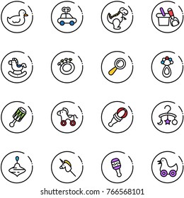 line vector icon set - duck toy vector, car, dinosaur, shovel bucket, rocking horse, beanbag, wheel, baby carousel, wirligig, unicorn stick