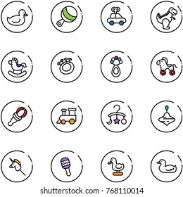 line vector icon set - duck toy vector, beanbag, car, dinosaur, rocking horse, wheel, train, baby carousel, wirligig, unicorn stick