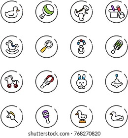line vector icon set - duck toy vector, beanbag, dinosaur, shovel bucket, rocking horse, wheel, rabbit, wirligig, unicorn stick