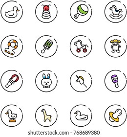 line vector icon set - duck toy vector, pyramid, beanbag, rocking horse, teethers, wheel, doll, rabbit, unicorn stick, giraffe, soother