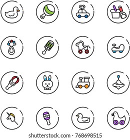line vector icon set - duck toy vector, beanbag, car, shovel bucket, wheel horse, baby, rabbit, train, wirligig, unicorn stick