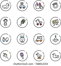 line vector icon set - duck toy vector, car, shovel bucket, beanbag, wheel horse, xylophone, baby, rabbit, train, wirligig, unicorn stick