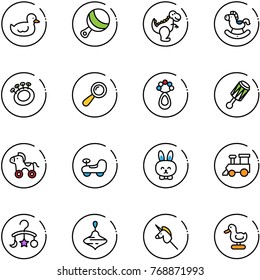 line vector icon set - duck toy vector, beanbag, dinosaur, rocking horse, wheel, baby car, rabbit, train, carousel, wirligig, unicorn stick