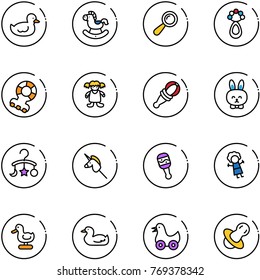 line vector icon set - duck toy vector, rocking horse, beanbag, teethers, doll, rabbit, baby carousel, unicorn stick, soother