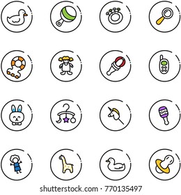 line vector icon set - duck toy vector, beanbag, teethers, doll, phone, rabbit, baby carousel, unicorn stick, giraffe, soother