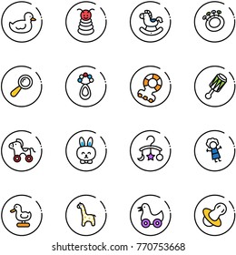 line vector icon set - duck toy vector, pyramid, rocking horse, beanbag, teethers, wheel, rabbit, baby carousel, doll, giraffe, soother