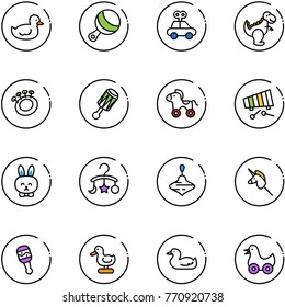 line vector icon set - duck toy vector, beanbag, car, dinosaur, wheel horse, xylophone, rabbit, baby carousel, wirligig, unicorn stick