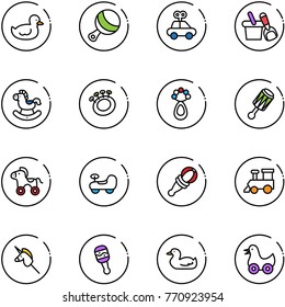 line vector icon set - duck toy vector, beanbag, car, shovel bucket, rocking horse, wheel, baby, train, unicorn stick