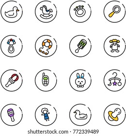 line vector icon set - duck toy vector, rocking horse, beanbag, teethers, doll, phone, rabbit, baby carousel, soother