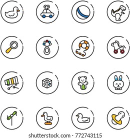 line vector icon set - duck toy vector, car, ball, dinosaur, beanbag, teethers, wheel horse, xylophone, cube, bear, rabbit, windmill, soother