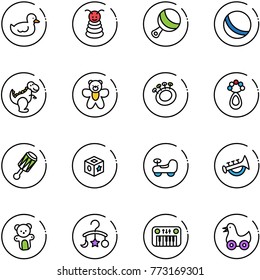 line vector icon set - duck toy vector, pyramid, beanbag, ball, dinosaur, bear, cube, baby car, horn, carousel, piano