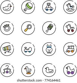 line vector icon set - duck toy vector, beanbag, car, rocking horse, wheel, xylophone, baby, rabbit, train, carousel