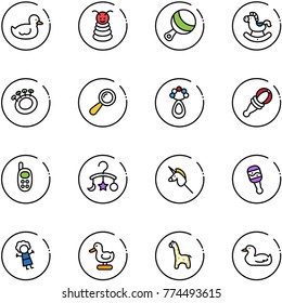 line vector icon set - duck toy vector, pyramid, beanbag, rocking horse, phone, baby carousel, unicorn stick, doll, giraffe