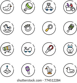 line vector icon set - duck toy vector, beanbag, car, shovel bucket, rocking horse, xylophone, baby, rabbit, wirligig