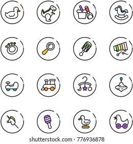 line vector icon set - duck toy vector, dinosaur, shovel bucket, rocking horse, beanbag, xylophone, baby car, train, carousel, wirligig, unicorn stick