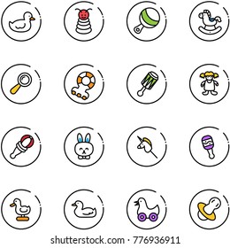 line vector icon set - duck toy vector, pyramid, beanbag, rocking horse, teethers, doll, rabbit, unicorn stick, soother