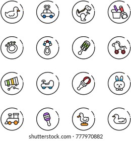 line vector icon set - duck toy vector, car, dinosaur, shovel bucket, beanbag, wheel horse, xylophone, baby, rabbit, train