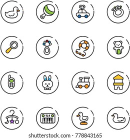line vector icon set - duck toy vector, beanbag, car, teethers, bear, phone, rabbit, train, block house, baby carousel, piano