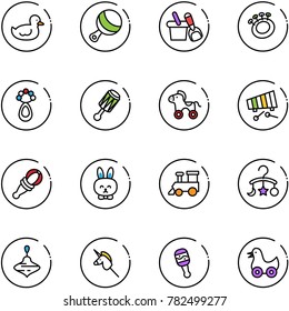 line vector icon set - duck toy vector, beanbag, shovel bucket, wheel horse, xylophone, rabbit, train, baby carousel, wirligig, unicorn stick