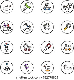 line vector icon set - duck toy vector, beanbag, car, dinosaur, shovel bucket, rocking horse, wheel, train, wirligig