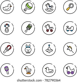 line vector icon set - duck toy vector, beanbag, rocking horse, wheel, baby car, rabbit, wirligig, unicorn stick