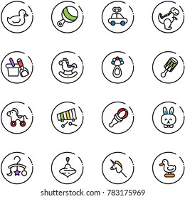 line vector icon set - duck toy vector, beanbag, car, dinosaur, shovel bucket, rocking horse, wheel, xylophone, rabbit, baby carousel, wirligig, unicorn stick