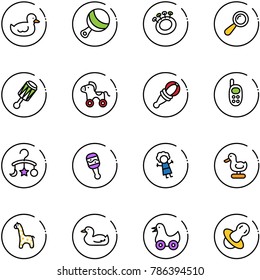 line vector icon set - duck toy vector, beanbag, wheel horse, phone, baby carousel, doll, giraffe, soother