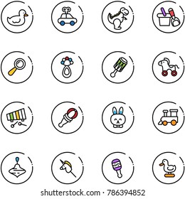 line vector icon set - duck toy vector, car, dinosaur, shovel bucket, beanbag, wheel horse, xylophone, rabbit, train, wirligig, unicorn stick