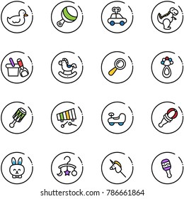 line vector icon set - duck toy vector, beanbag, car, dinosaur, shovel bucket, rocking horse, xylophone, baby, rabbit, carousel, unicorn stick