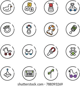 line vector icon set - duck toy vector, abc cube, pyramid, car, beanbag, teethers, wheel horse, baby, bear, wirligig, piano, windmill