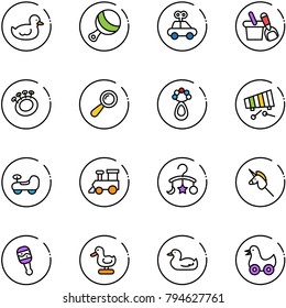 line vector icon set - duck toy vector, beanbag, car, shovel bucket, xylophone, baby, train, carousel, unicorn stick