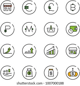 line vector icon set - duty free vector, euro, pound, bitcoin, ruble, monero, basket, wallet time, growth arrow, store, money bag, dollar