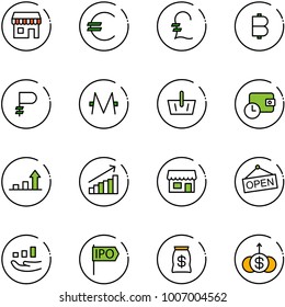 line vector icon set - duty free vector, euro, pound, bitcoin, ruble, monero, basket, wallet time, growth arrow, store, open, ipo, money bag, dollar