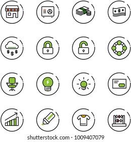 line vector icon set - duty free vector, safe, cash, money rain, locked, unlocked, friends, office chair, idea, bulb, envelope, growth, highlight marker, t shirt, abacus