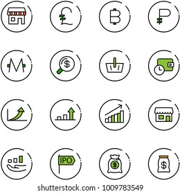 line vector icon set - duty free vector, pound, bitcoin, ruble, monero, money search, basket, wallet time, growth arrow, store, ipo, bag