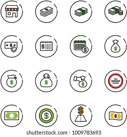 line vector icon set - duty free vector, dollar, cash, finance calendar, money bag, encashment, tax peage road sign