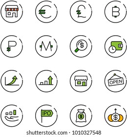 line vector icon set - duty free vector, euro, pound, bitcoin, ruble, monero, money search, wallet time, growth arrow, store, open, ipo, bag, dollar