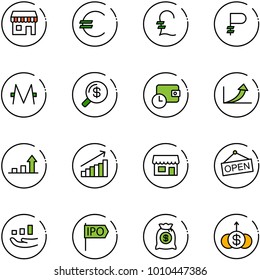line vector icon set - duty free vector, euro, pound, ruble, monero, money search, wallet time, growth arrow, store, open, ipo, bag, dollar